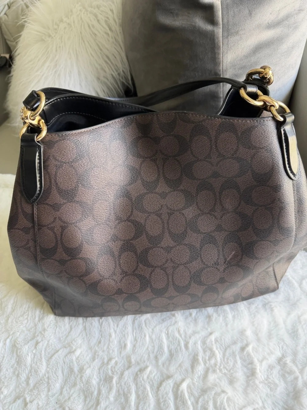 Coach Dark Brown Signature Canvas Shoulder Bag with Black Leather Straps - Picture 3 of 12